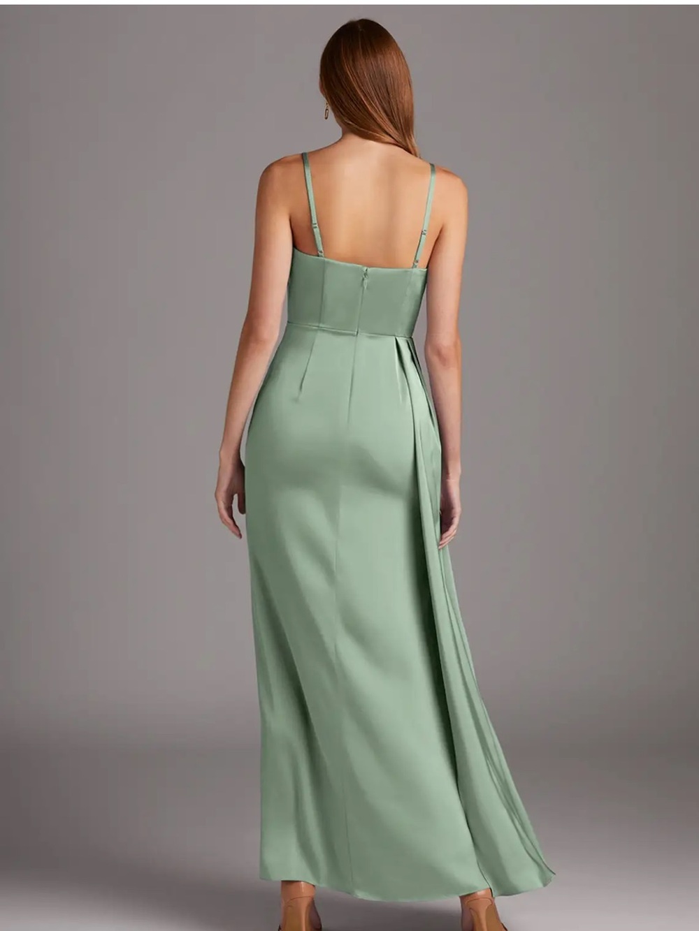 Azazie Sage Green Satin Draped Spaghetti Strap Gown - Picture 16 of 16